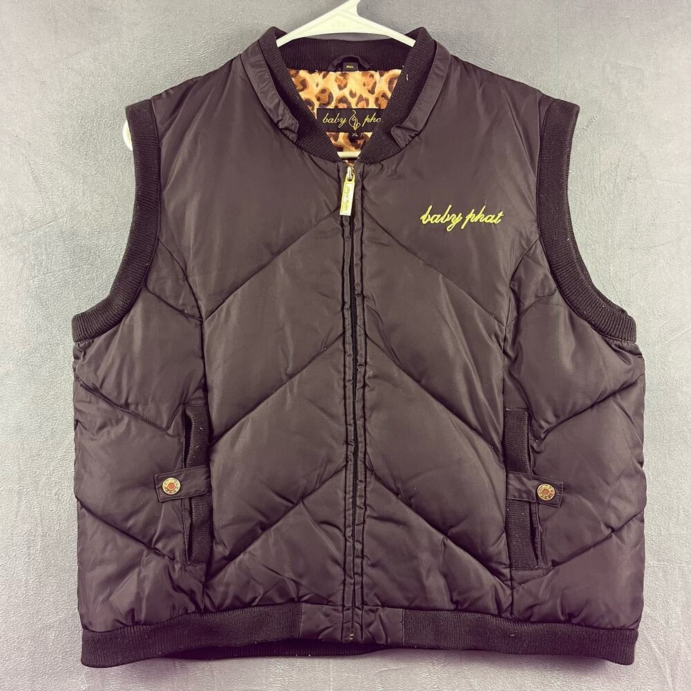 Y2K Womens XL Baby Phat Puffer Vest Embroidered Logo Cheetah Print Lined Quilted